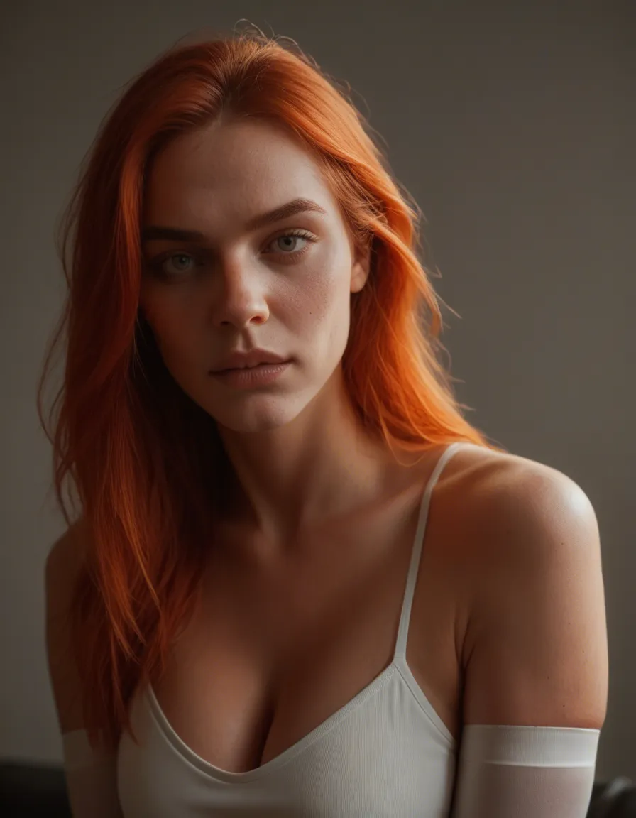 dslr, film grain, photorealistic, redhead woman, two-tone hair, elbow gloves, futanari, soft lighting, dslr quality, score_9, score_8, candid photo, realistic skin texture, visible skin pores, film grain, depth of field