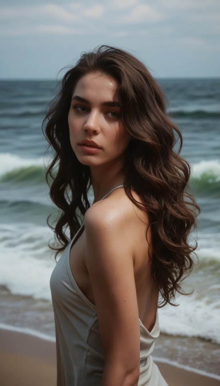 She is a young adult woman with long, thick, dark brown-to-black wavy hair that falls past her shoulders in loose, voluminous waves with a slight sheen. Her face is heart-shaped with smooth, lightly tanned skin, high cheekbones, a straight nose with a thin silver septum ring, full lips with a soft neutral-to-pinkish lipstick, and defined dark eyebrows. Her eyes are dark brown/black, almond-shaped, and enhanced with subtle eyeshadow and mascara; in the close-up she is glancing slightly sideways with a soft, almost coy half-smile.
Her body is curvaceous and soft: full, rounded breasts with medium-to-large size, natural shape, and visible pinkish-brown areolas/nipples in the topless shot. She has a pierced navel (small silver ring or barbell). Her midsection is smooth with a gentle curve, and her hips and ass are notably full and rounded—plump, soft cheeks with some natural jiggle and a few small moles/freckles visible on the skin. On her left buttock (upper outer area) is a small, dark cursive tattoo that clearly reads “Jace.” She is shown wearing a black low-cut top (first photo), patterned light-colored panties/thong (second), and a black thong with a green top pulled up (third). Overall build is feminine and voluptuous rather than athletic—soft curves, full breasts, and a pronounced, round ass.
I want her doing this in a hotel room on the bed on all fours getting spitroasted by two athletic guys.
Her long dark wavy hair cascading down her back and over her shoulders as she kneels on the mattress on all fours, black thong pulled aside or already discarded, the “Jace” tattoo visible on her left cheek. One athletic, muscular guy is behind her gripping her hips and fucking her hard from the rear while the second athletic guy stands at the head of the bed, cock in her mouth as she looks up at him with those same dark eyes and that soft, slightly smiling expression. The room is dimly lit, standard hotel décor, sheets rumpled under her knees and hands, her full breasts hanging and swaying with every thrust, navel piercing catching the light, septum ring glinting as she takes both of them at once.