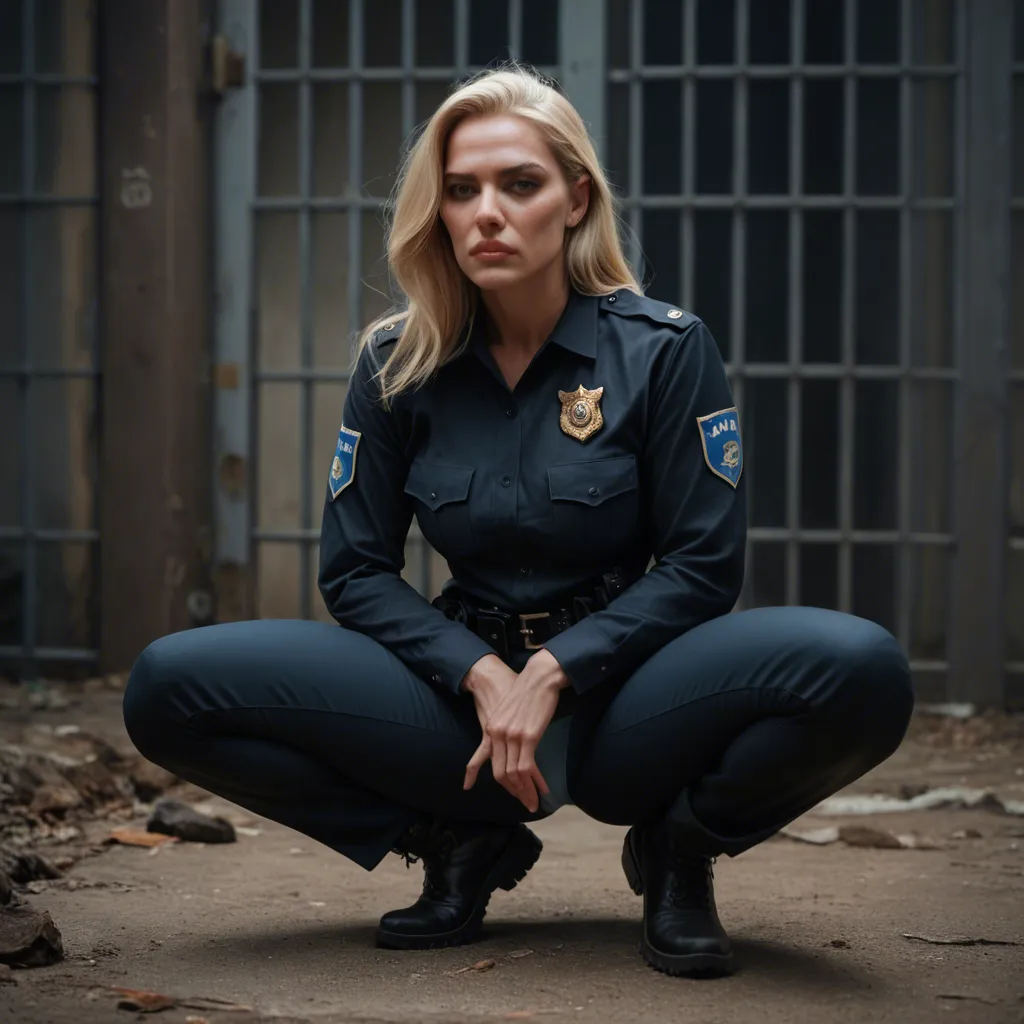 A mature_female, blonde and short, wearing a police uniform, black uniform pants, light blue panties, and black utility boots, is squatting outside a jail cell. She is giving an interracial deepthroat blowjob to a prisoner and fingering herself. Her pants and panties are around her ankles. Dramatic lighting, ultra realistic, full body.