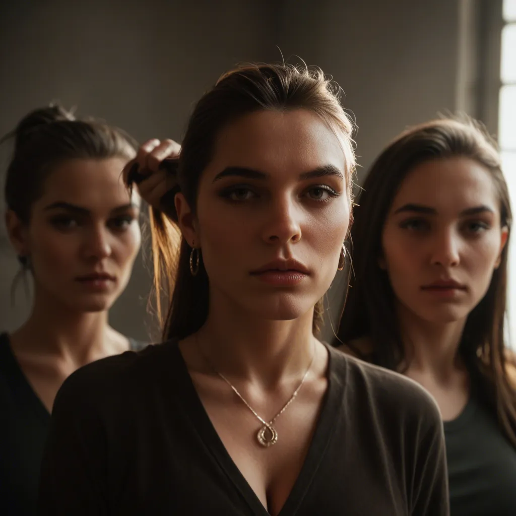 studio quality, sharp focus, 4women, ahoge, jewelry, hair pull, dramatic lighting, RAW photo