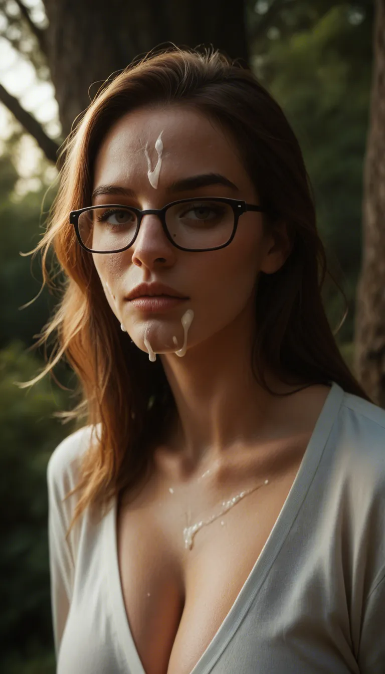 highly detailed, natural lighting, 1boy, cum on face, glasses, tree, film photography no shirt boobs out huge_breasts