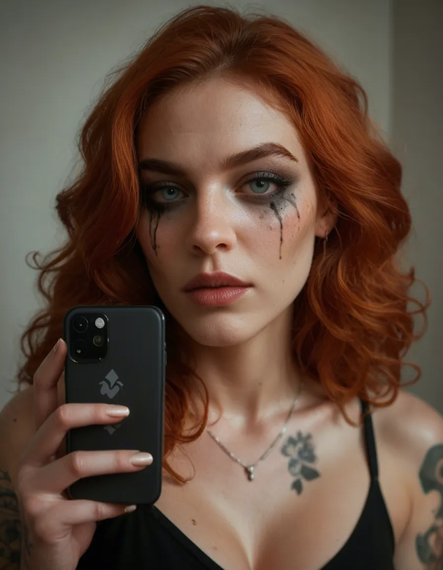 19 year old, goth makeup, curly redhead, tattoo, score_9, score_8, amateur photo, phone snapshot, realistic skin texture, skin blemishes, soft indoor lighting