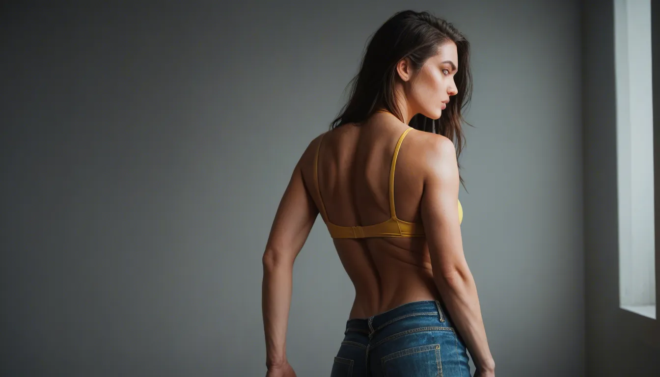 have a fit redheaded woman looking back at the camera as she slides down her jeans to reveal a yellow thong