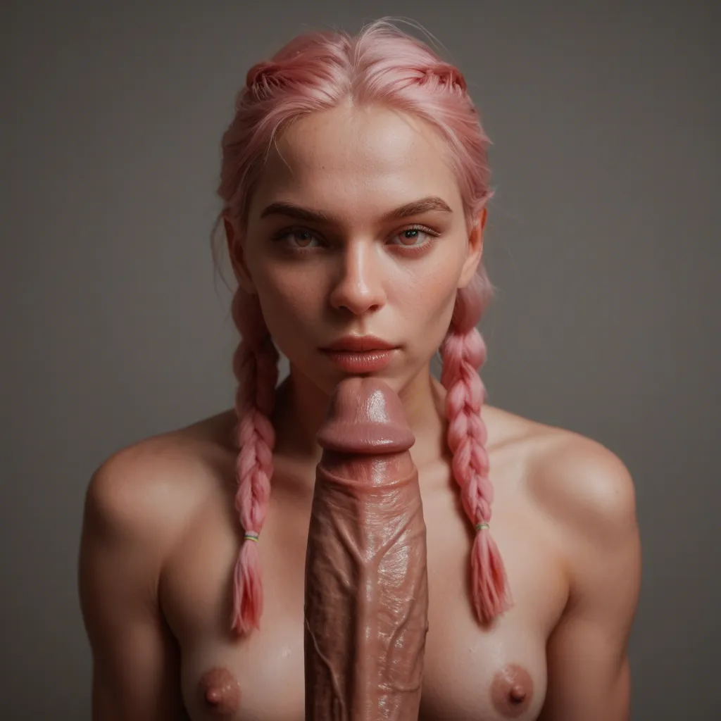 sharp focus, 8k uhd, natural skin texture, bright pink braids , caucasian ,small breast, super huge cock , looking directly at viewer , holding her cock, score_9, score_8, candid photo, realistic skin texture, visible skin pores, film grain, depth of field