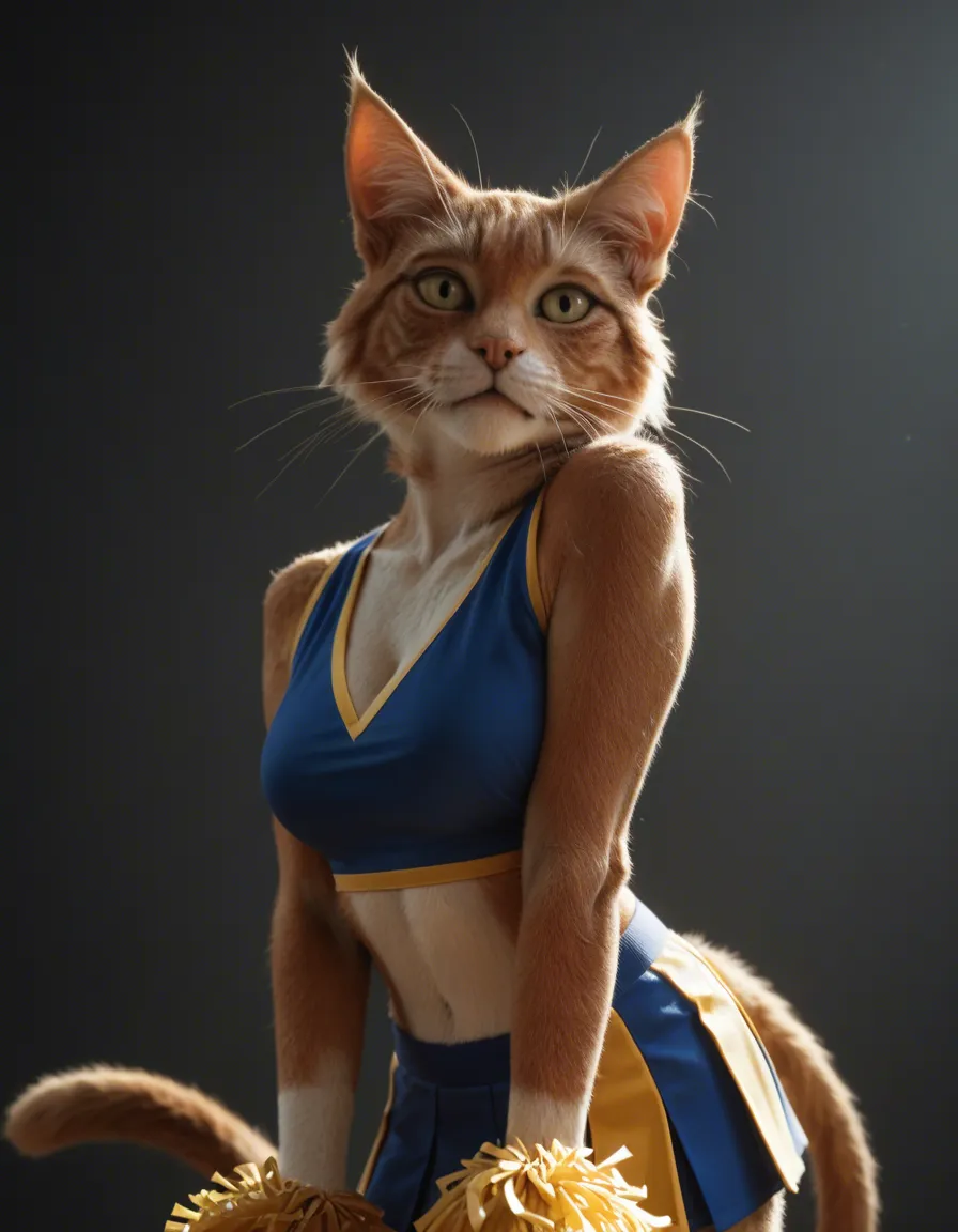 furry_female , cheerleader , cat_ears cat_tail revealing_clothes, score_9, score_8, candid photo, realistic skin texture, visible skin pores, film grain, depth of field