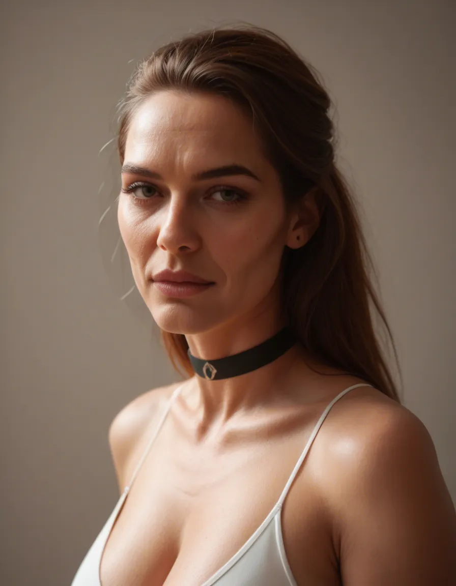 best quality, hyperrealistic, milf, choker, presenting, score_9, score_8, candid photo, realistic skin texture, visible skin pores, film grain, depth of field