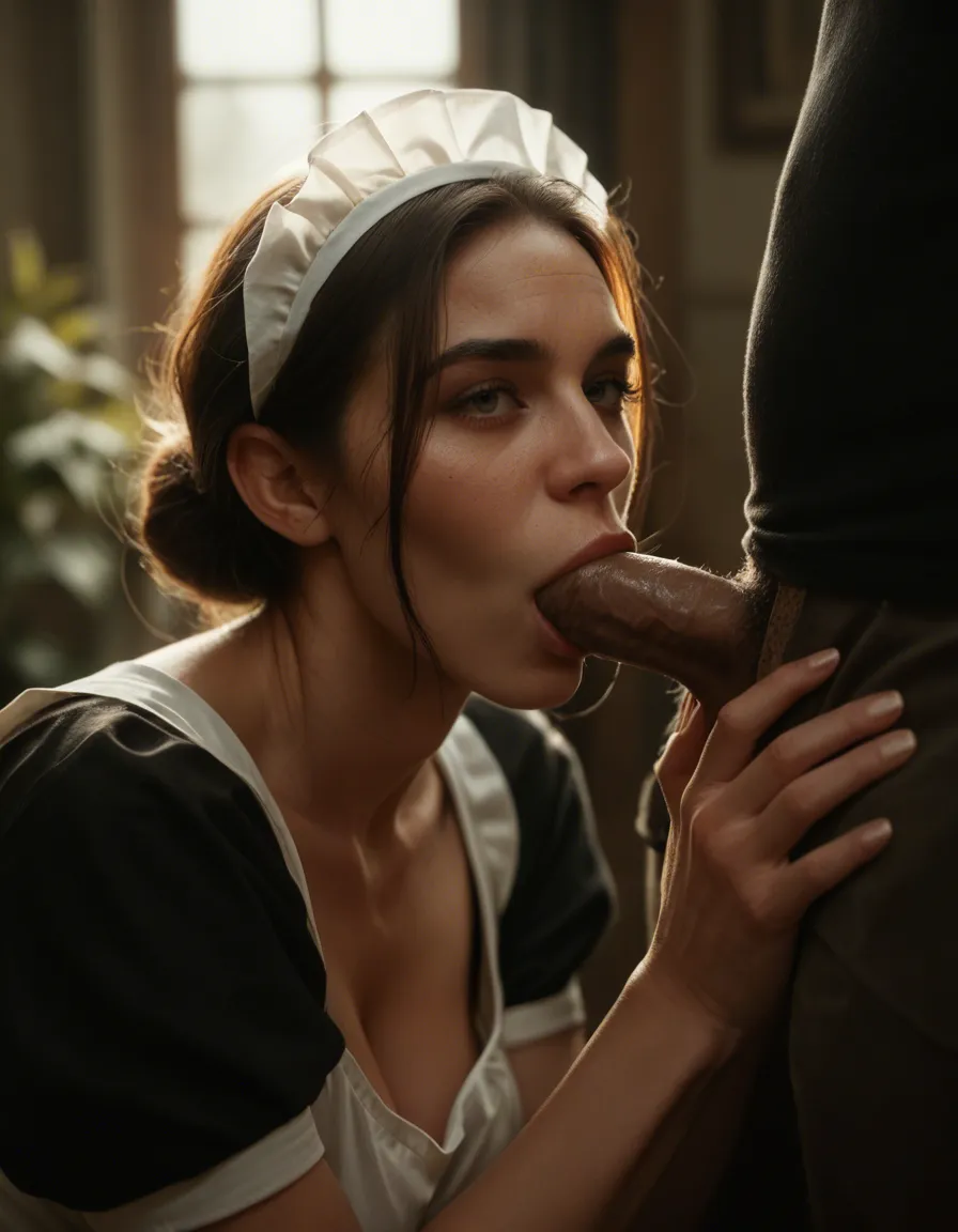 highly detailed, natural lighting, maid, shirt, blowjob, film photography, score_9, score_8, candid photo, realistic skin texture, visible skin pores, film grain, depth of field