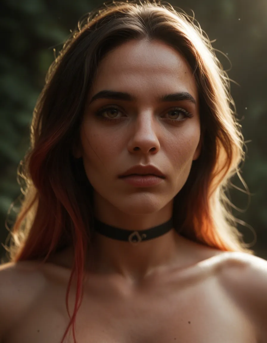 highly detailed, natural lighting, solo, gradient hair, choker, bondage, cinematic realism, score_9, score_8, candid photo, realistic skin texture, visible skin pores, film grain, depth of field