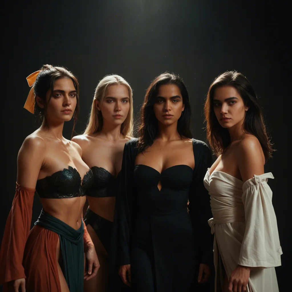 dslr, film grain, photorealistic, 4women, hair ribbon, detached sleeves, undressing, moonlight, cinematic realism, indian_style