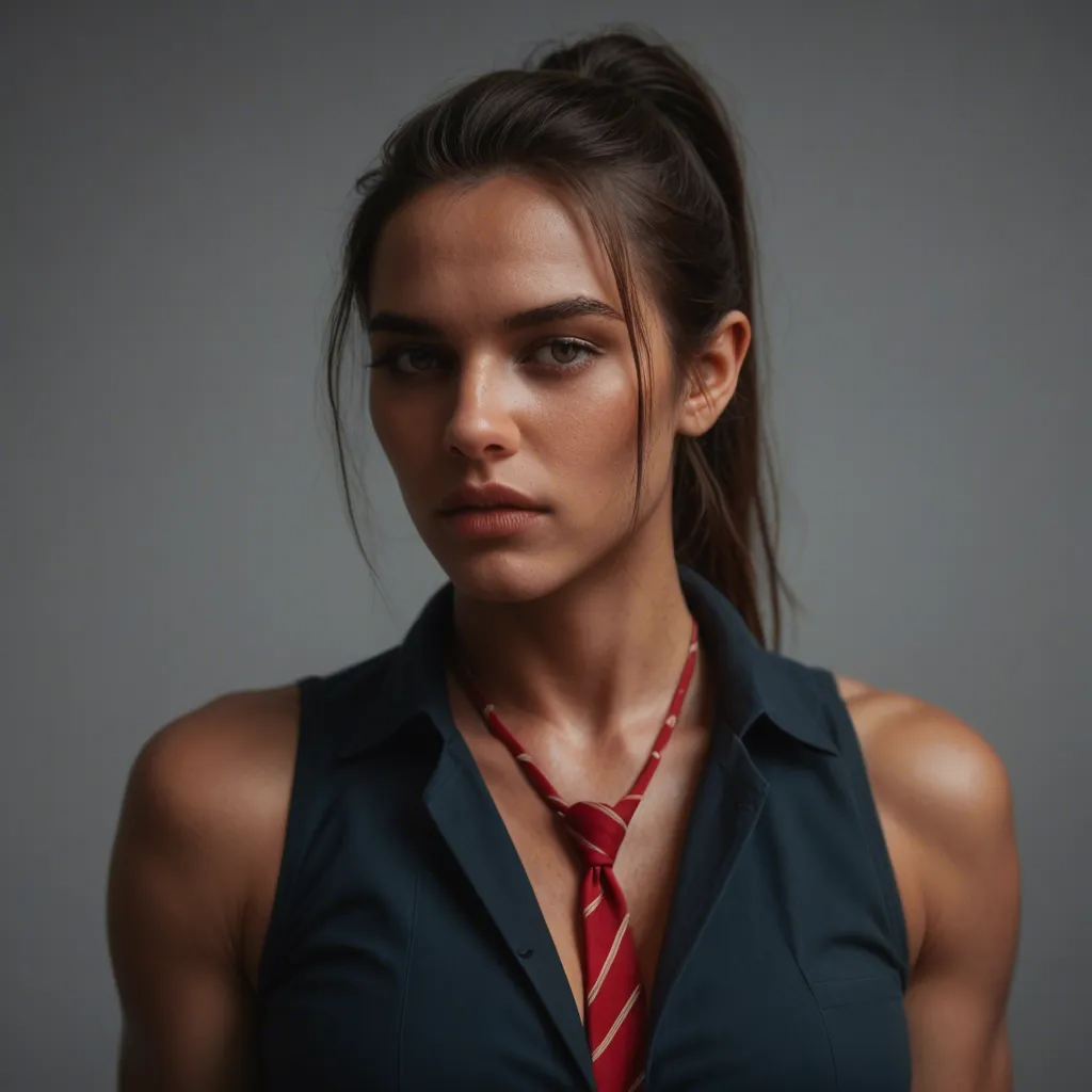 8k, sharp focus, detailed skin, fitness model, ponytail, necktie, futanari, cinematic realism