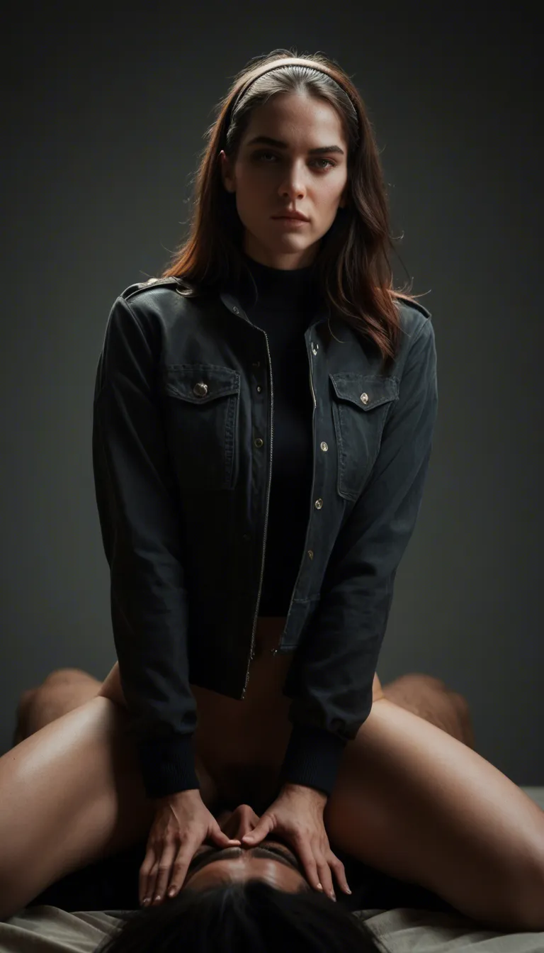 dslr, film grain, photorealistic, witch, hairband, jacket, facesitting, dslr quality