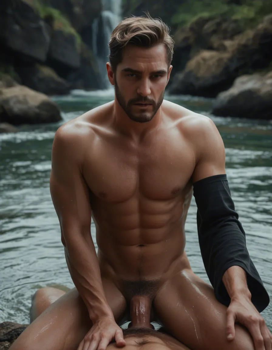 dslr, film grain, photorealistic, 2boys, bare arms, detached sleeves, seductive gaze, anal sex, water, lifelike render, score_9, score_8, candid photo, realistic skin texture, visible skin pores, film grain, depth of field
