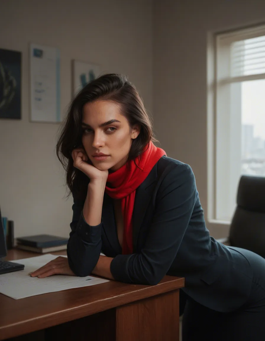 ultra HD, lifelike, demon woman, scarf, office wear, bent over, three-quarter view, natural skin texture, score_9, score_8, candid photo, realistic skin texture, visible skin pores, film grain, depth of field