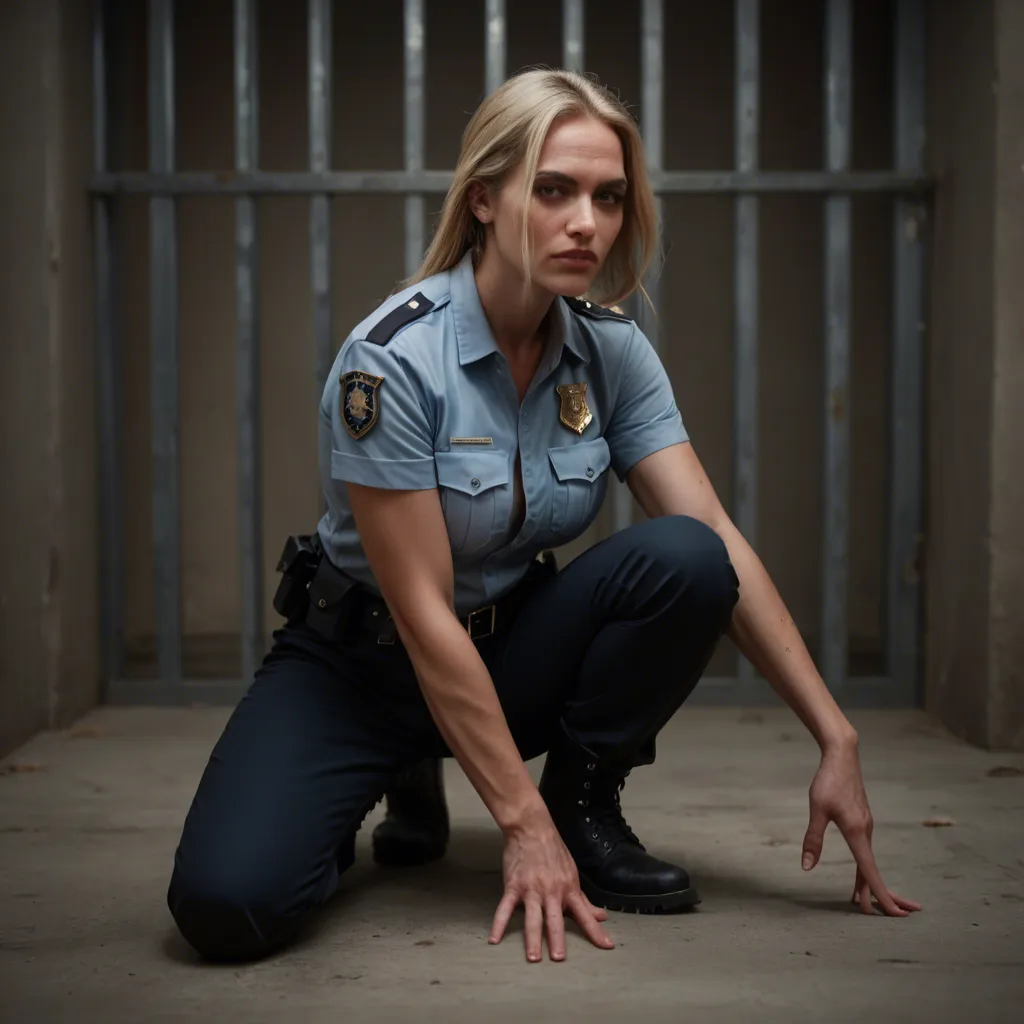 A blonde mature_female wearing a police uniform, black pants, and black utility boots is on her knees in a jail cell with her arms handcuffed behind her. She is giving an interracial deepthroat blowjob to a prisoner. He pulls her head with both hands. Her shirt is unbuttoned and her medium breasts are out of her white bra.