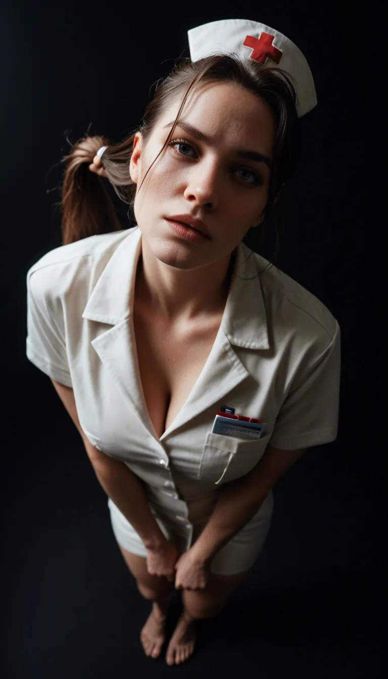 highly detailed, natural lighting, from above, nurse, hair pull, toes, black background, film photography