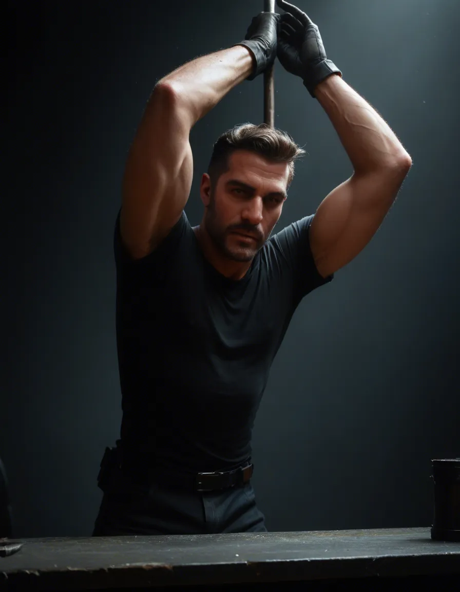 RAW photo, ultra realistic, male focus, arms up, gloves, bent over, moonlight, photorealistic, score_9, score_8, candid photo, realistic skin texture, visible skin pores, film grain, depth of field