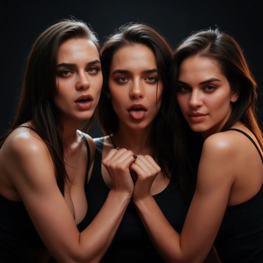 best quality, hyperrealistic, 3women, nail polish, sleeveless, ahegao, black background, photorealistic, score_9, score_8, candid photo, realistic skin texture, visible skin pores, film grain, depth of field