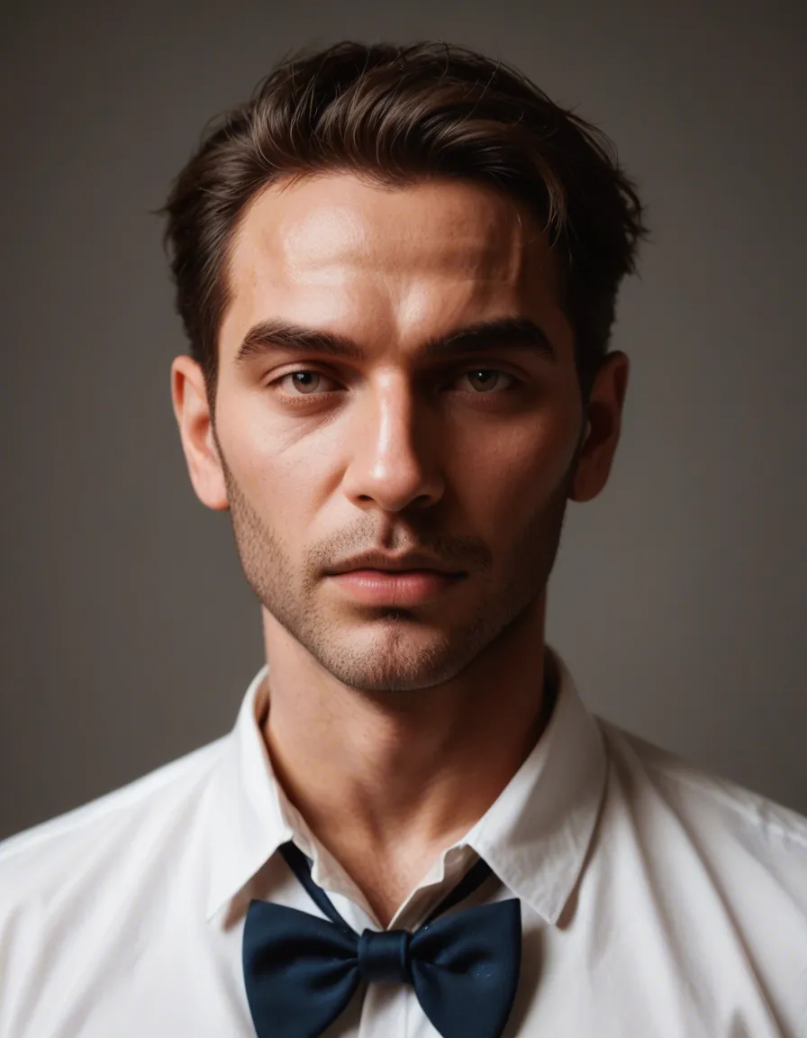 studio quality, sharp focus, 1boy, bowtie, presenting, hyperrealistic, score_9, score_8, candid photo, realistic skin texture, visible skin pores, film grain, depth of field