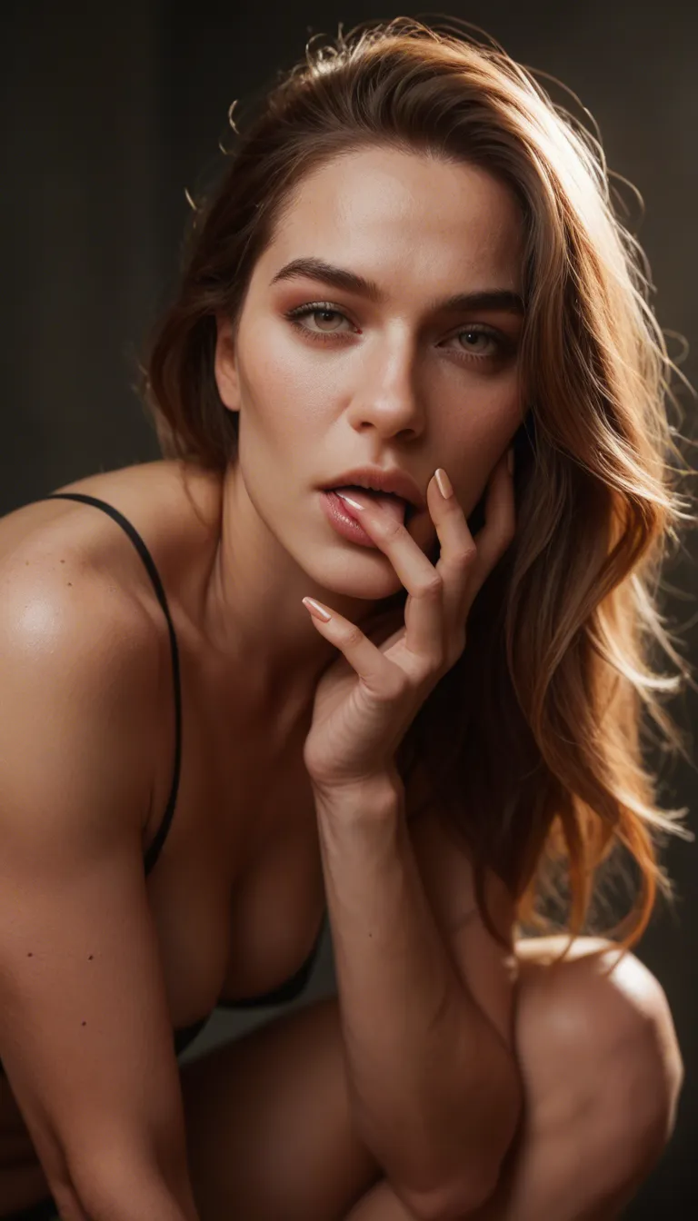 Sexy woman on her knees licking her fingers. Her fingernails are pink.