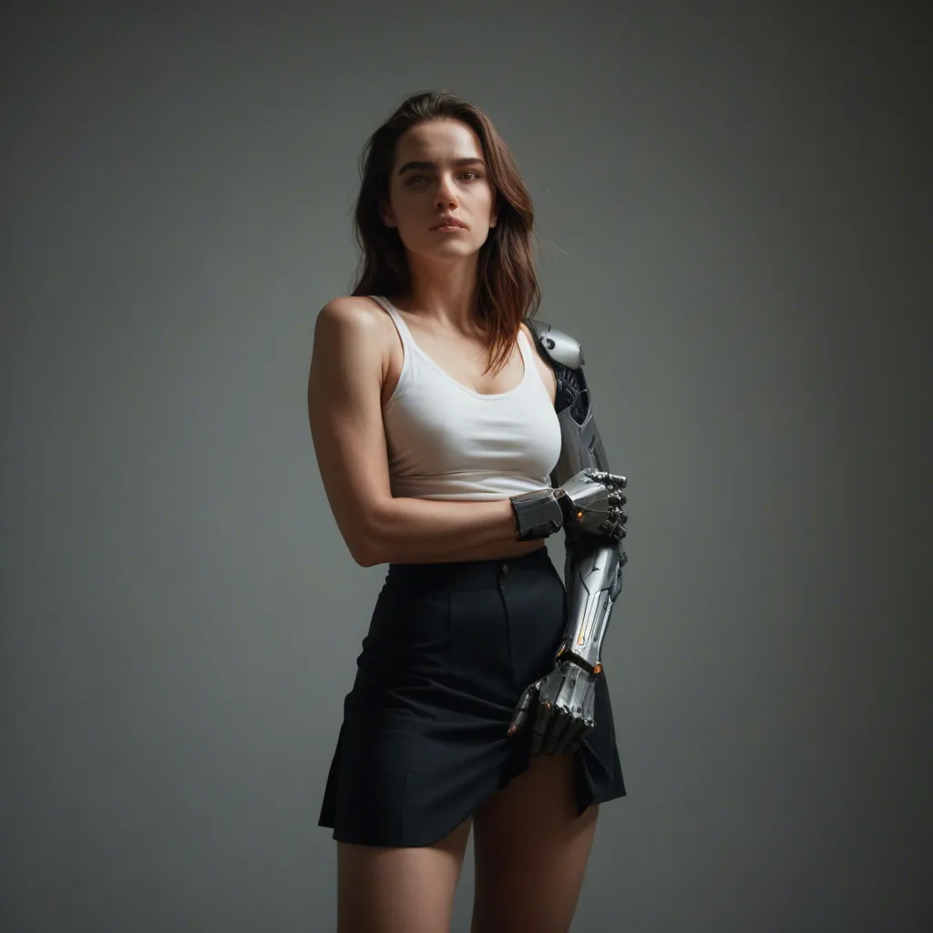 realistic, cat_woman, mechanical_arms, undressing, cumdrip, skirt
