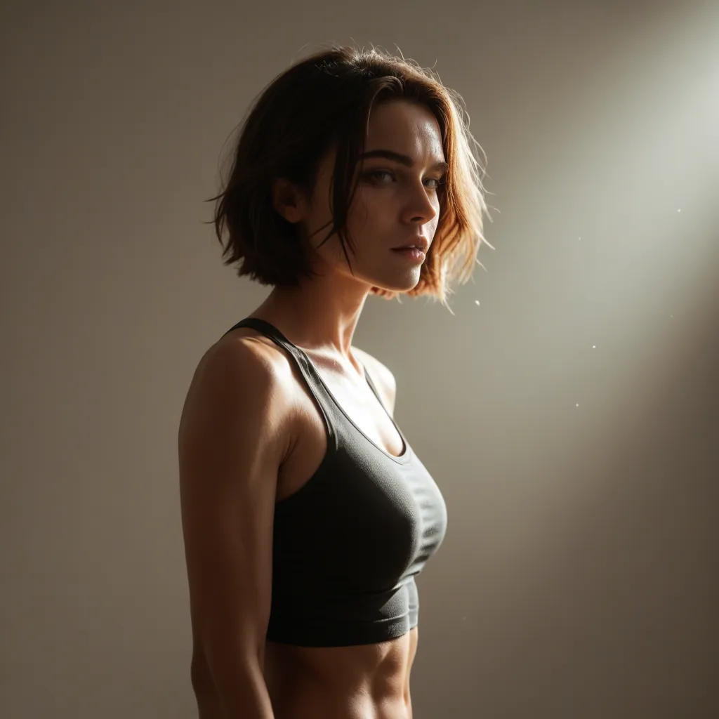 highly detailed, natural lighting, fitness model, short hair, sleeveless, orgasm, spotlight, hyperrealistic