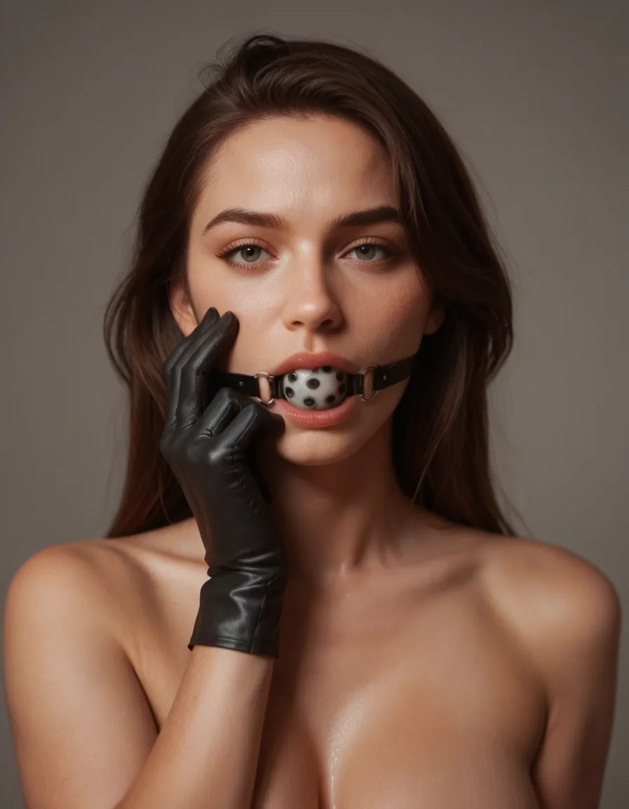 8k, sharp focus, detailed skin, solo focus, swept bangs, black gloves, fully nude, rim light, film photography ball gag, score_9, score_8, candid photo, realistic skin texture, visible skin pores, film grain, depth of field
