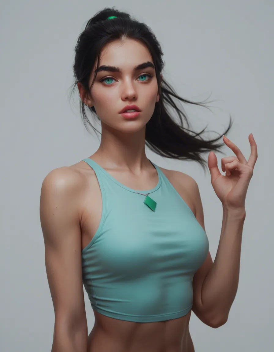 MelodyLM,Melody, 1woman, solo, petite,aqua eyes,looking_at_viewer, black hair, ponytail, petite, pink lips,parted lips,thick eyebrows, green hairtie,one arm down,one arm overstrach up,one hand floating,one hand overstrach up,bare shoulders, white shells bikini, strapless,cleavage,bare legs,too many air bubbles, green background,focus, face focus,view from above, (((no underwear))), score_9, score_8, candid photo, realistic skin texture, visible skin pores, film grain, depth of field