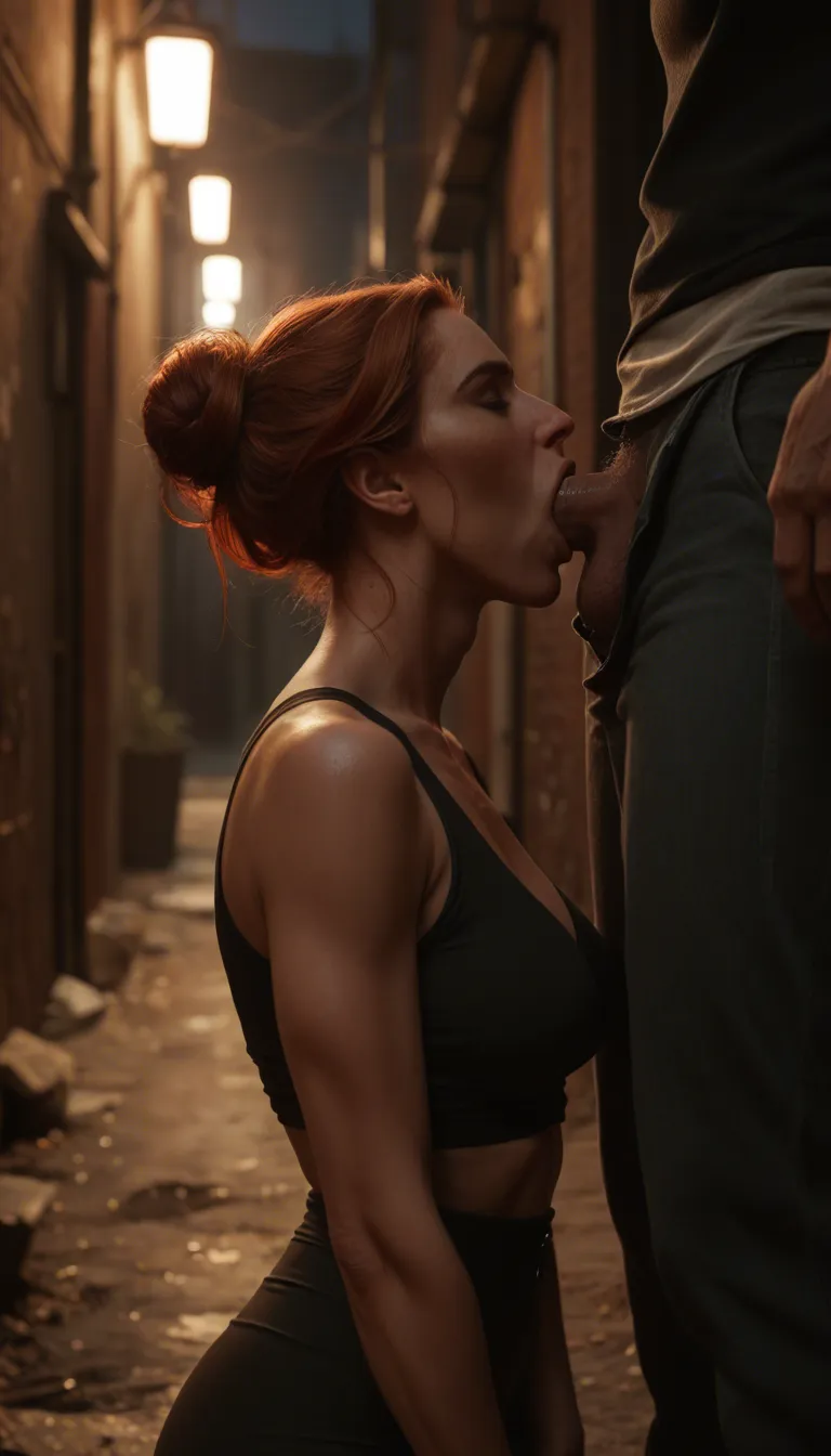 deepthroat, clothed sex, night, in back alley, ((mature female:1.3)), natural redhead, hair in bun, medium breasts, (black_bodysuit), black ankle boots, kneeling, eagerly deepthroating dark-skinned police officer with large penis