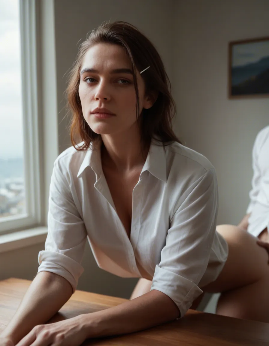 best quality, hyperrealistic, 1girl, hairclip, collared shirt, doggy style, window light, photorealistic, score_9, score_8, candid photo, realistic skin texture, visible skin pores, film grain, depth of field