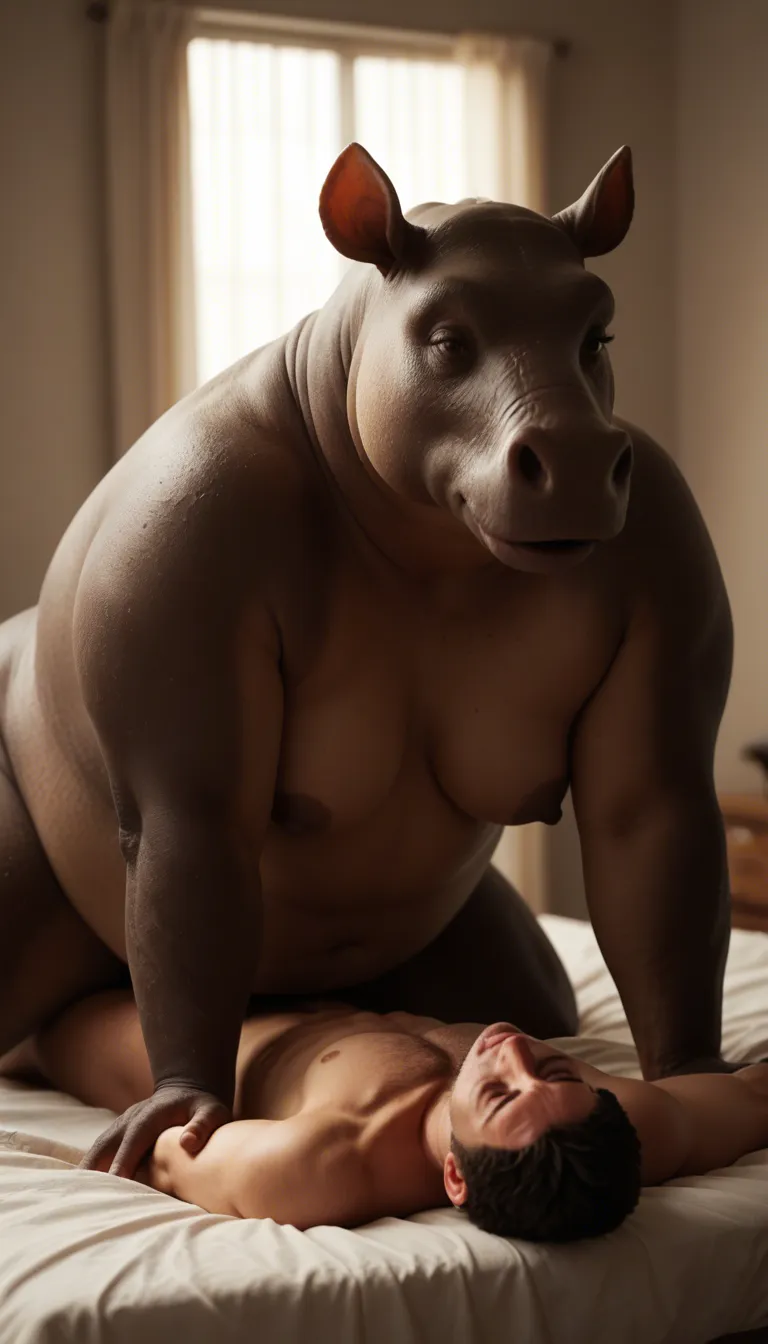 Tall BBW furry female hippopotamus riding a small white male human in a human bed, hippo is too big for the bed