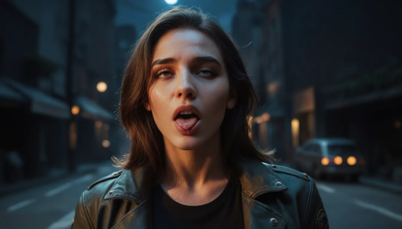 sharp focus, 8k uhd, solo female, curvy figure, jacket, ahegao, night, RAW photo, score_9, score_8, candid photo, realistic skin texture, visible skin pores, film grain, depth of field