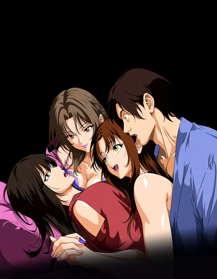 2girls, 1boy, yuri, watching, cuck, cuckolding, lesbian, male watching lesbians, male on side, high detail, threesome, (anime style:1.3), 2d, anime screencap, cel shading, flat color, @00osamio00