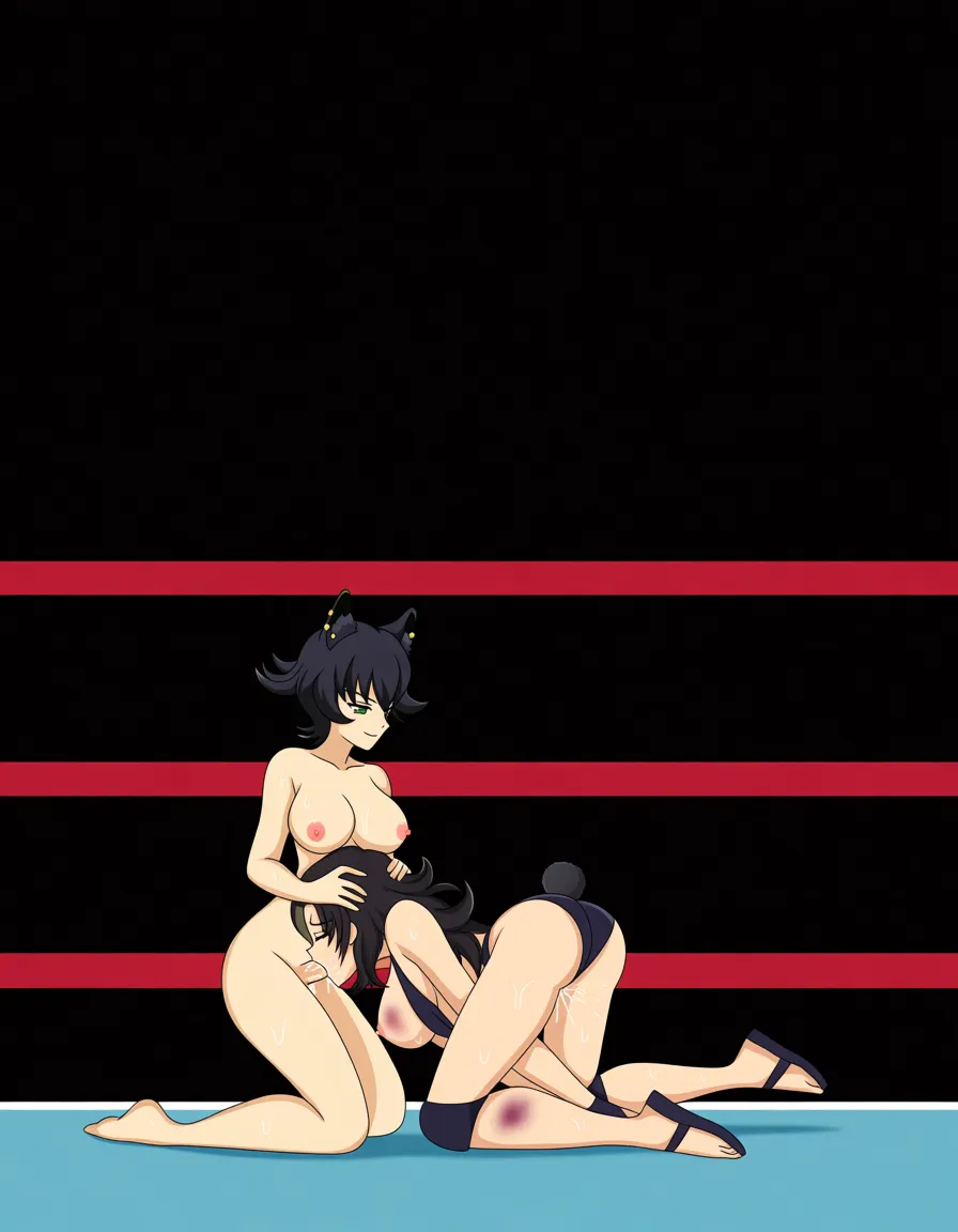 Kali_belladonna_(rwby)_black_hair , @sailor_pluto_green_hair, 2girls yuri sex , wrestling_ring, wrestling orgasm pussy_juice, defeated, squirting , bruised, sweat from_side strap-on oral fellatio grabbing_another's_head kneeling, smug, hentai_studio_quality