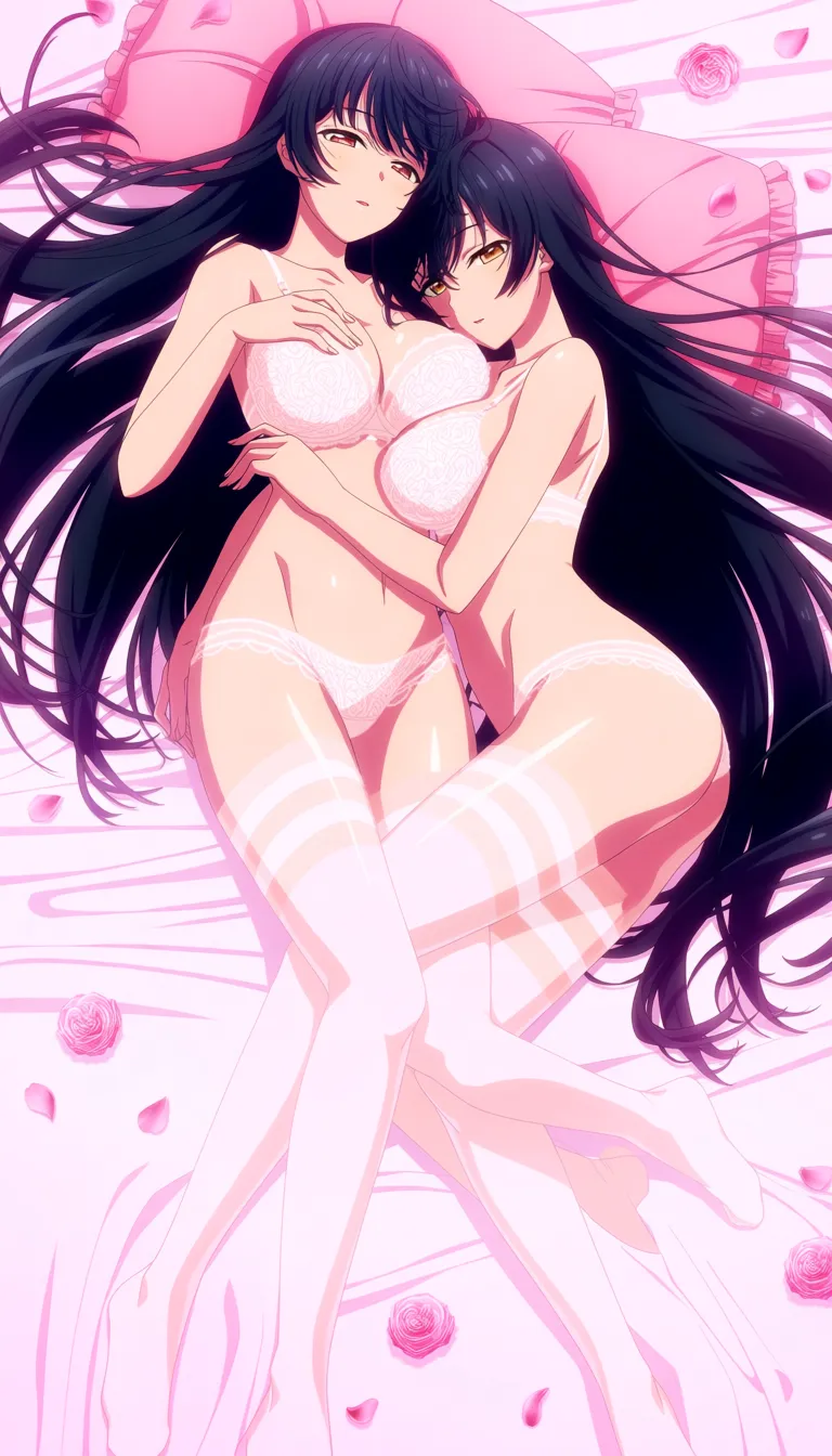 Two beautiful anime girls with long flowing black hair lying closely together on a soft pink bed, soft pink lighting, scattered pink rose petals around them. Both wearing matching delicate white lace lingerie (sheer lace bra and matching lace panties) and white thigh-high stockings with soft pink horizontal stripes. 

The girl on top is lying on her back with her head resting on a small pink pillow, long black hair spread out, looking at the viewer with half-lidded eyes and a soft seductive expression, one hand lightly resting on her chest. The girl below is lying on her side/back with her head near the other girl’s hips, also looking toward the viewer with a gentle expression, one hand touching her own breast. Their bodies are intertwined, legs extended and slightly overlapping, glossy smooth skin, large soft breasts, anime style, highly detailed, soft shading, pastel pink color palette, intimate and sensual atmosphere, (anime style:1.3), 2d, anime screencap, cel shading, flat color