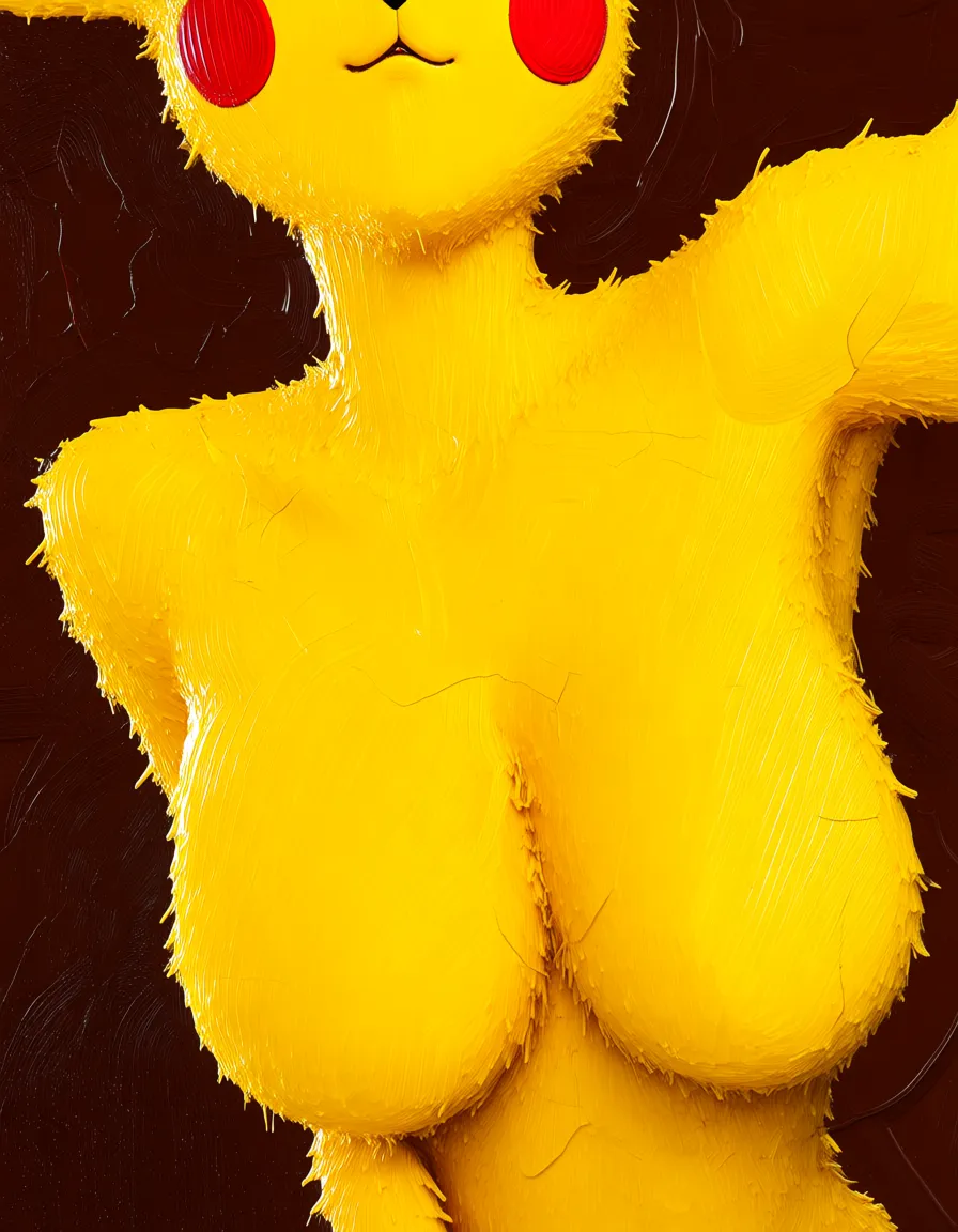 masterpiece, best quality, highly detailed,
1girl, anthro pikachu, yellow fur, large breasts, nude, soft expression,
extreme matiere, heavy impasto, thick oil paint, visible brush strokes, palette knife texture, rough canvas, cracked paint, tactile surface, rich material feel, layered paint, textured fur, painterly, oil painting style, deep texture, physical paint quality
smooth, flat, digital, clean, vector, glossy, plastic, sharp lines, low texture, airbrushed, oversmoothed, plastic skin, hentai_studio_quality