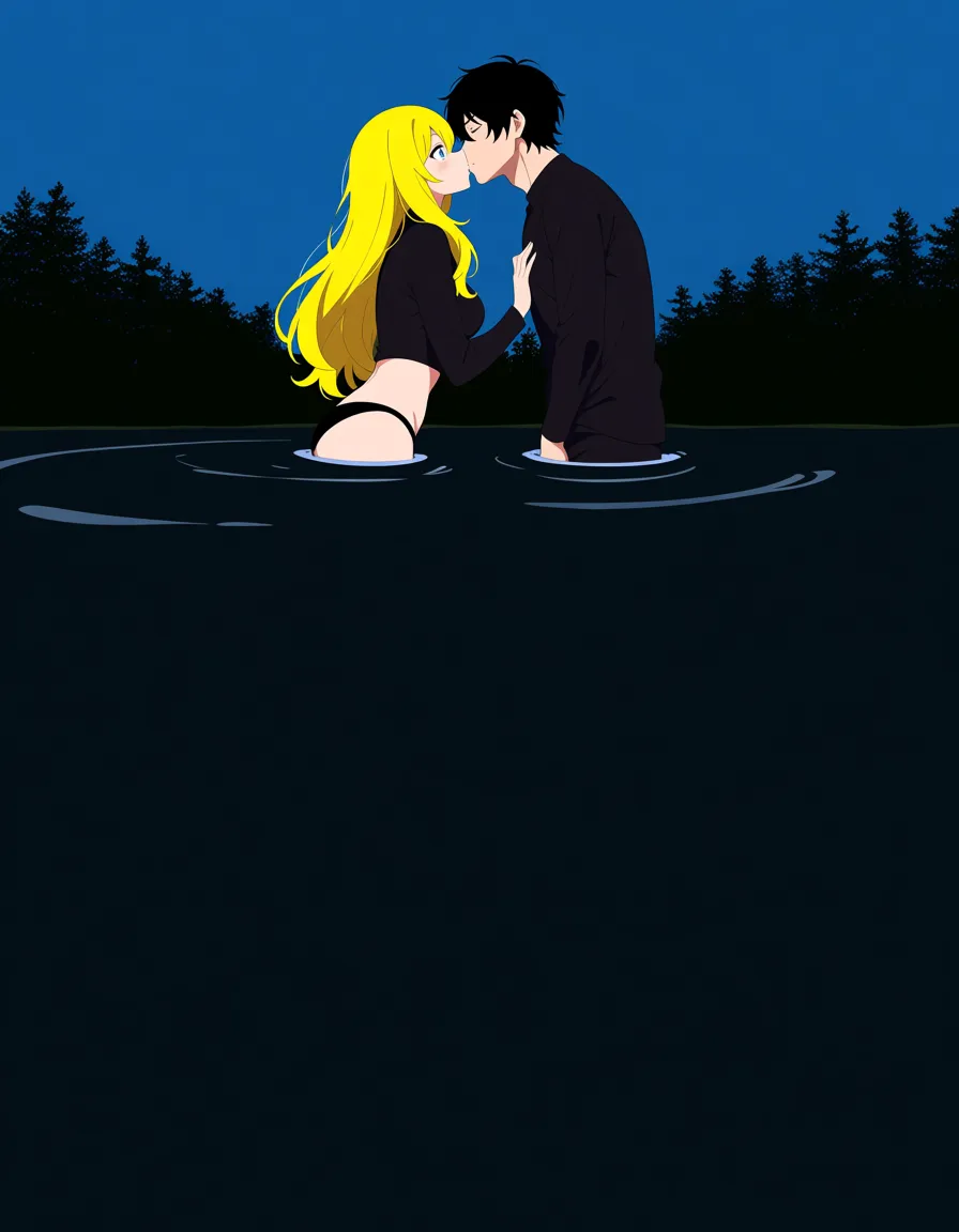 one girl and one boy,she have a yellow hair,blue eyes,black shirt,black pants,black_panties.,he have black things too.and she and he was kissing in the lake., hentai_studio_quality
