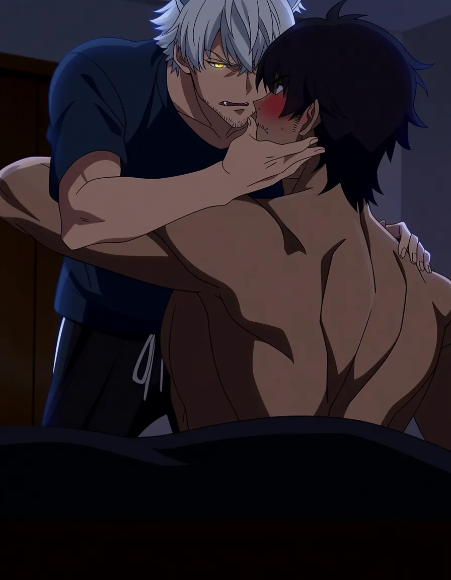 hentai_studio_quality, (anime style:1.3), 2d, anime screencap, cel shading, flat color. size_difference, yaoi, shorter boy, short black_hair, black eyes, dressed casual, blushing, french_kiss tall, handsome man, white hair, yellow_eyes, wolf_ears, wolf_tail, fangs, stubble, topless_male, muscular, sweatpants, glaring down at him BREAK japanese bedroom night, hentai_studio_quality
