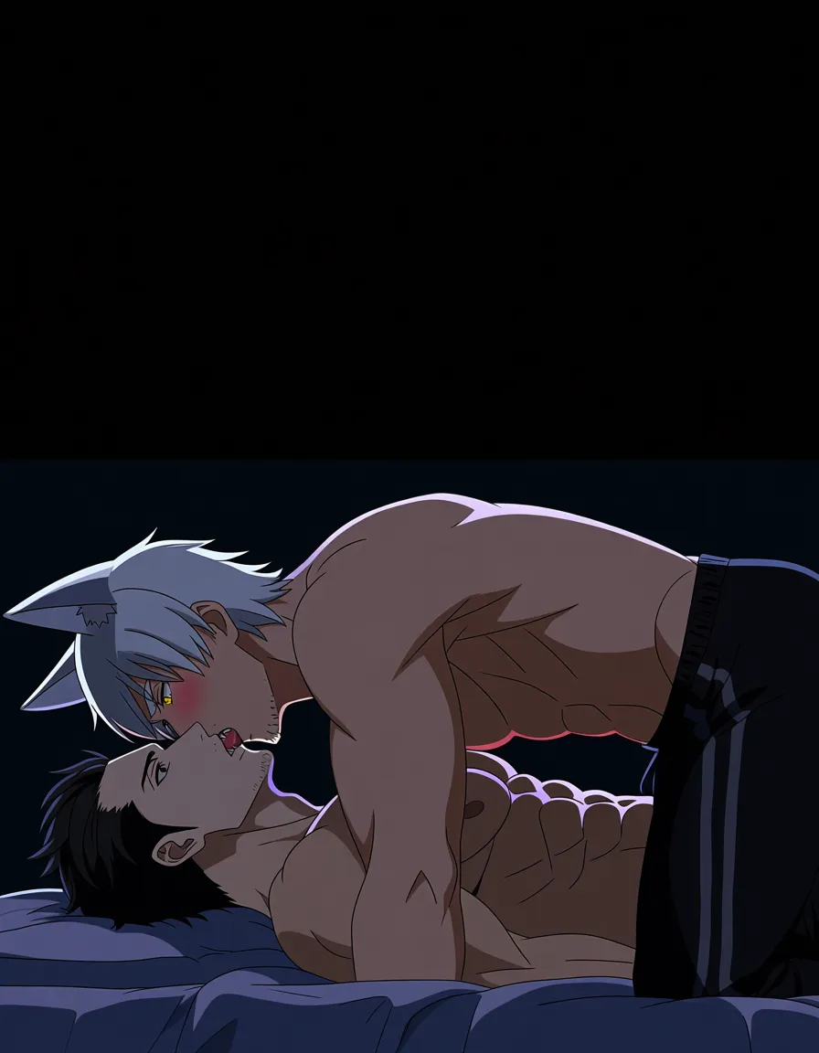 hentai_studio_quality, (anime style:1.3), 2d, anime screencap, cel shading, flat color. size_difference, yaoi, shorter boy, short black_hair, black eyes, dressed casual, blushing, laying on his back on a bed, french kissing a tall, handsome man, white hair, yellow_eyes, wolf_ears, wolf_tail, fangs, stubble, topless_male, muscular, sweatpants, glaring down at him BREAK bedroom night, hentai_studio_quality, hentai_studio_quality, hentai_studio_quality