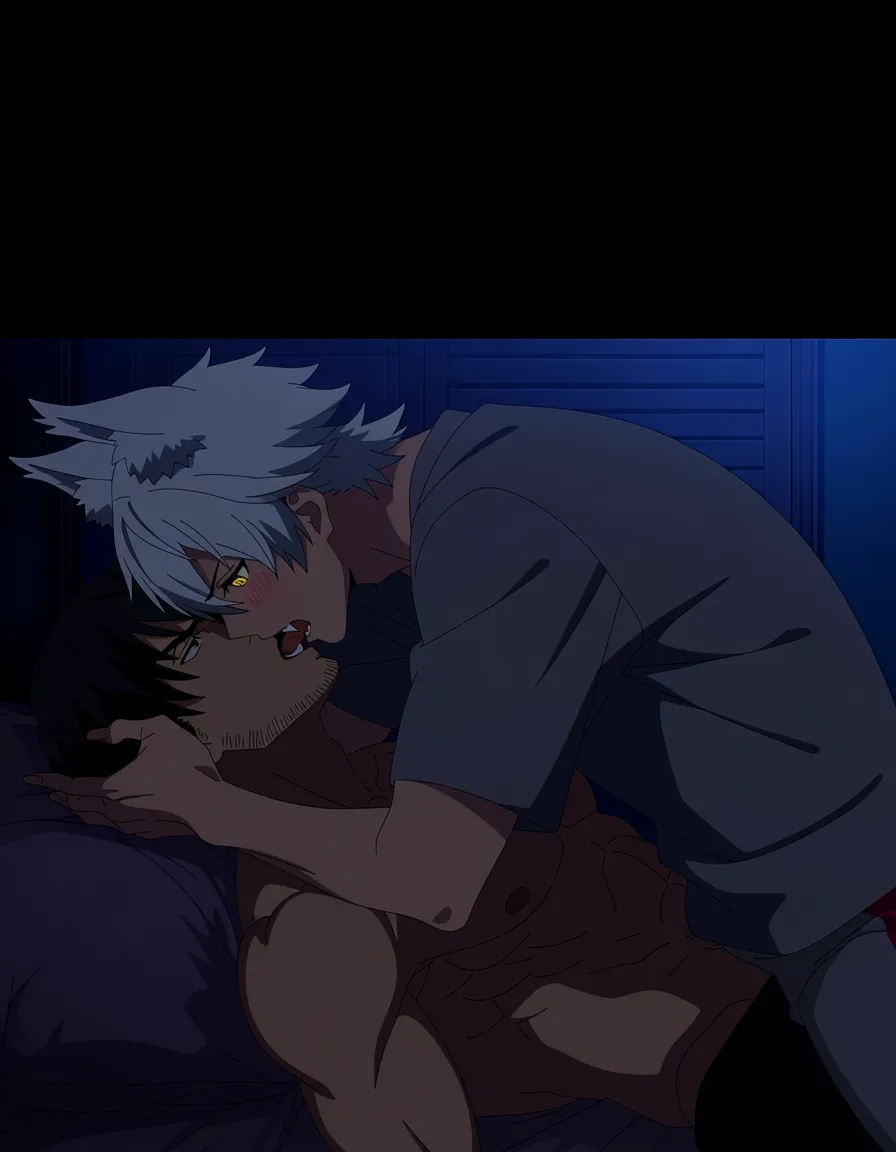 hentai_studio_quality, (anime style:1.3), 2d, anime screencap, cel shading, flat color. size_difference, yaoi, shorter boy, short black_hair, black eyes, dressed casual, blushing, laying on his back on a bed, french kissing a tall, handsome man, white hair, yellow_eyes, wolf_ears, wolf_tail, fangs, stubble, topless_male, muscular, sweatpants, glaring down at him BREAK bedroom night, hentai_studio_quality, hentai_studio_quality, hentai_studio_quality, hentai_studio_quality, hentai_studio_quality, hentai_studio_quality