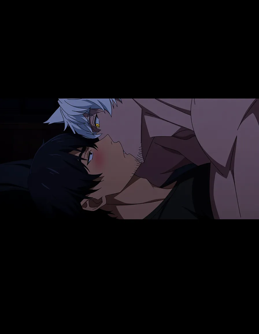 hentai_studio_quality, (anime style:1.3), 2d, anime screencap, cel shading, flat color. size_difference, yaoi, shorter boy, short black_hair, black eyes, dressed casual, blushing, laying on his back on a bed, french kissing a tall, handsome man, white hair, yellow_eyes, wolf_ears, wolf_tail, fangs, stubble, topless_male, muscular, sweatpants, glaring down at him BREAK bedroom night, hentai_studio_quality, hentai_studio_quality, hentai_studio_quality, hentai_studio_quality, hentai_studio_quality, hentai_studio_quality, hentai_studio_quality
