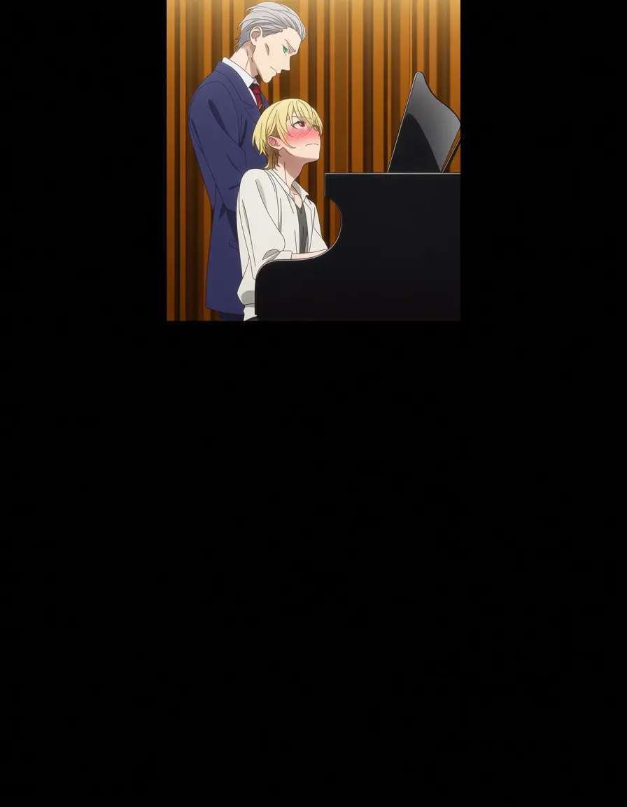 hentai_studio_quality, (anime style:1.3), 2d, anime screencap, cel shading, flat color. yaoi, older man, lines around eyes, hair_slicked_back, grey_hair, red_eyes, blush, standing, leaning down, younger man, blonde_hair, green_eyes, blush, dressed casual, sitting at grand piano, looking up, imminent_kiss BREAK music room, hentai_studio_quality, hentai_studio_quality, hentai_studio_quality, hentai_studio_quality, hentai_studio_quality