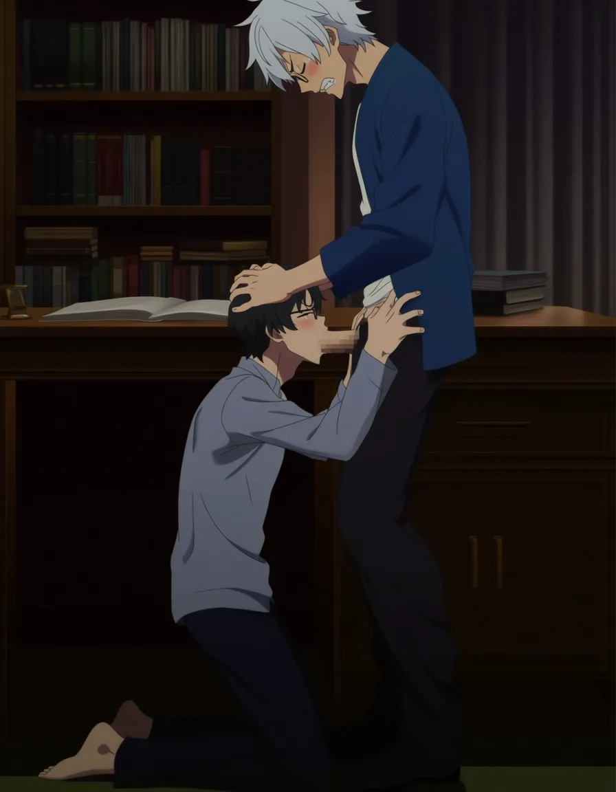 hentai_studio_quality, masterpiece quality, (anime style:1.3), 2d, anime screencap, cel shading, flat color. yaoi, size_difference, fellatio, tall male with white_hair, grey_eyes, glasses, casual, pants down, blushing, angry, standing, hands on the head of shorter male, short_hair, black_hair, kneeling, dressed casually, deep throating the other male's penis, hands on the man's hips, closed_eyes, tears, blushing BREAK bedroom, study desk in the background with books and papers, hentai_studio_quality