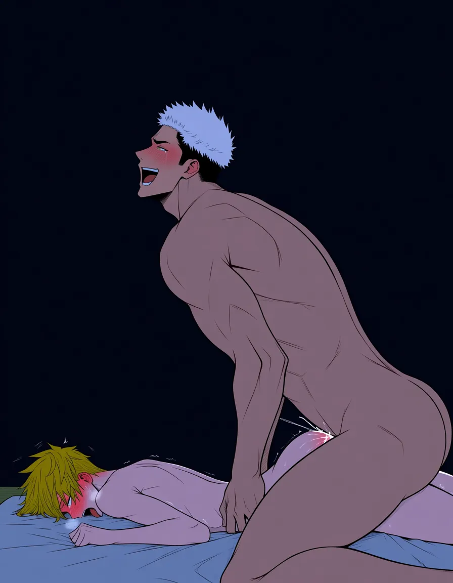 masterpiece, best quality, cel shading, flat color, yaoi, size_difference, taller man, grey_eyes, white_hair, bangs, blush, heavy_breathing, naked, anal, holding penetrating smaller male blonde_hair undercut, yellow_eyes, naked, blush, ahegao, tears sitting_on_person, arched_back, orgasm BREAK tatami, futon bed, night, hentai_studio_quality