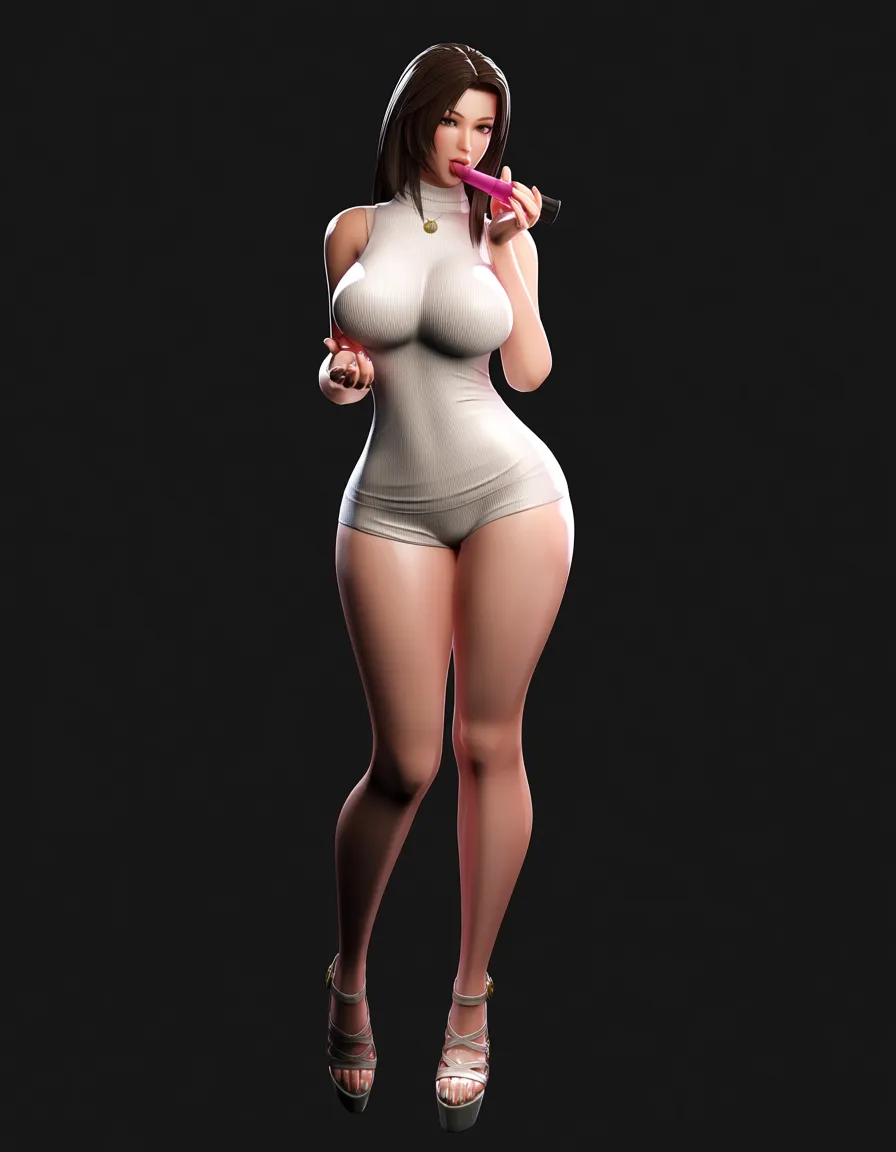 masterpiece, clean art, brunette woman, curvy figure, sleeveless, blowjob, soft cel shading, hentai_studio_quality, score_9, score_8, 3d render, octane render, subsurface scattering, ray tracing, smooth shading