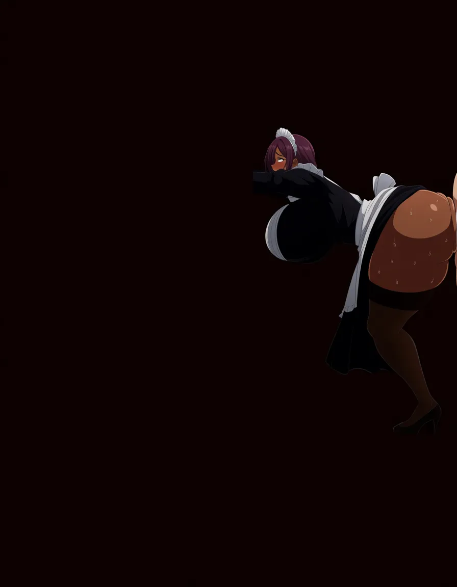masterpiece, best quality, highly detailed, anime hentai, 1girl, mature black woman, adult female, dark skin, very large breasts, massive tits, thick juicy ass, sexy maid uniform, black dress with white apron, stockings, maid headband, outfit disheveled, tits out, skirt lifted high, double penetration, cock in pussy and cock in anus simultaneously, low angle or side view showing both huge breasts and ass clearly, bouncing tits, stretched holes, sweat, ahegao, intense pleasure, indoor setting, dynamic pose, sharp focus, hentai_studio_quality