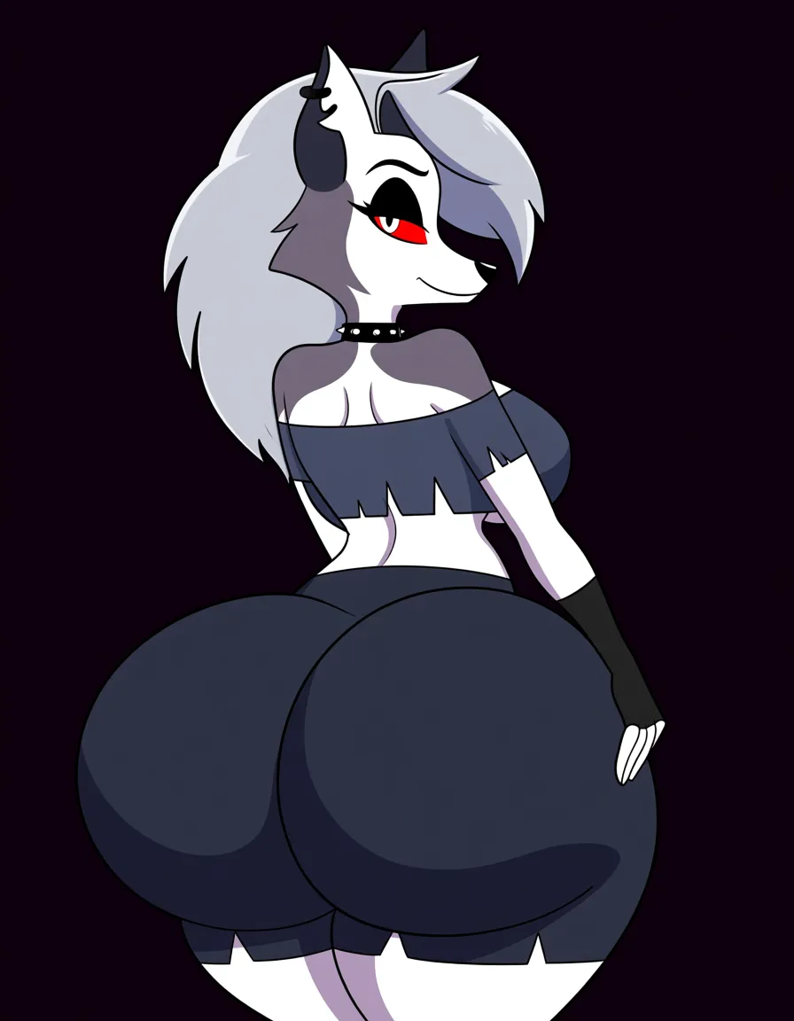 A loona from helluva boss with huge ass, tits and wearing heavy goth make up with a lot of goth acessories, hentai_studio_quality