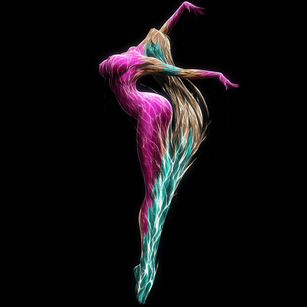 A woman floating weightlessly in an endless psychedelic void, body arched in a graceful S-curve, arms stretched above her head. Her skin glows with shifting iridescent scales of magenta, teal, and liquid gold. Sheer nebula-like fabric clings and dissolves around her curves. Cascading fractal tendrils of light wrap her limbs. Soft volumetric god rays, hyper-detailed wet skin reflections, dreamy atmosphere, intense color saturation, sensual and cosmic., (anime style:1.3), 2d, anime screencap, cel shading, flat color, @00osamio00