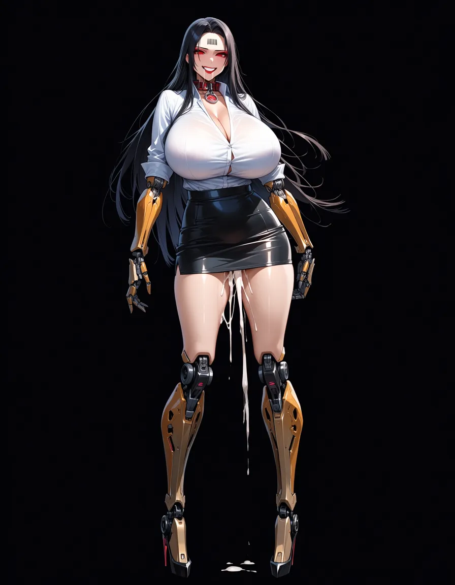 mechanical arms and legs robotic woman (white shirt, black leather miniskirt, long black fringe hair, makeup, red eyes, big_lips, electronic collar, barcode tattoo on her forehead, gigantic huge_breasts, thick_thighs, cum leaking from vagina, smile, blank eyes, drooling, standing up), FIRST PERSON VIEW, face to face. BREAK : white viewer. BREAK : in a office room, realistic., hentai_studio_quality