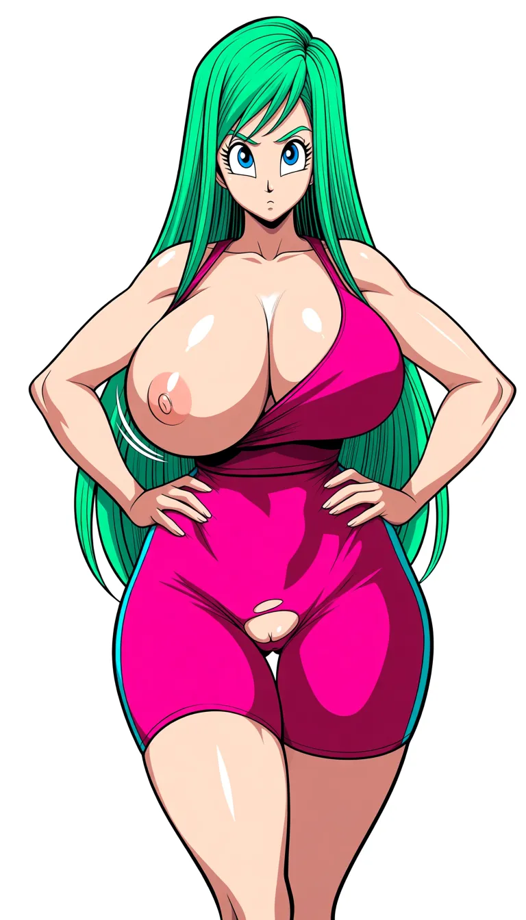 Front view, yoga pink top with cleavage,tight pink yoga shorts but torn showing pussy, hands on hips, thick thigh, one breasts out, bouncing_breasts, 8K, high quality, clean lines, perfect face, incredibly detailed, green hair, very long hair, light green hair, blue eyes, (mature female), (dark skin), solo, 1female, large breasts,big ass, thick thigh, (woman 30 years old), looking at viewer, (very happy expression), gym background