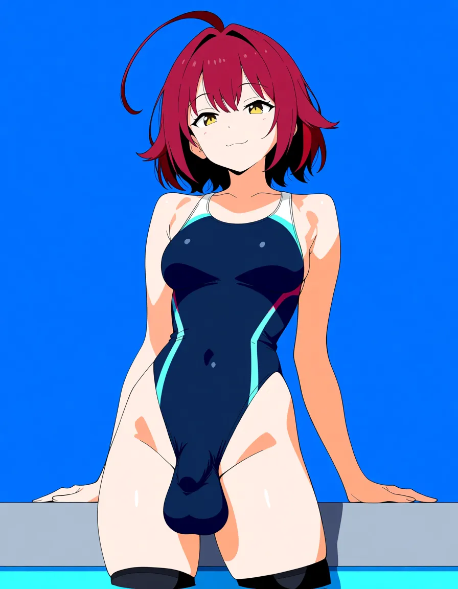 ultra detailed shading, solo, poolside pose, futanari, thighhighs, ahoge, hentai style, (anime style:1.3), 2d, anime screencap, cel shading, flat color